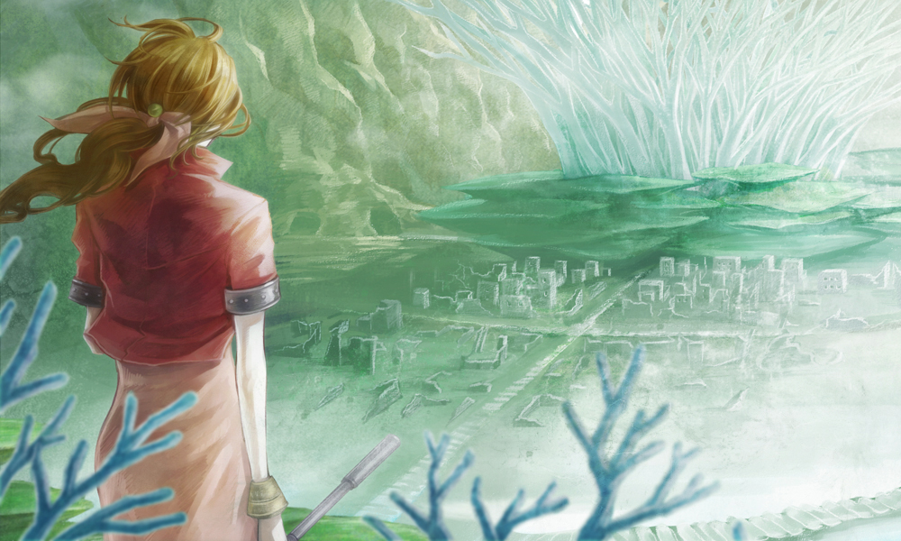 bolero, bracelet, brown_hair, dress, final_fantasy, final_fantasy_vii, from_behind, hair_ribbon