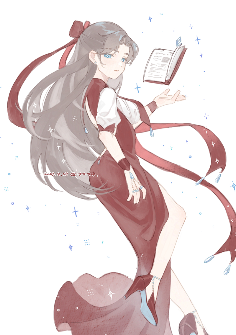 1girl, artem_wing_(tears_of_themis), blue_eyes, book, bow, brown_hair, dated, dress, earrings, genderswap, genderswap_(mtf), hair_bow, high_heels, jewelry, littletreeee, long_hair, looking_at_viewer, looking_to_the_side, open_book, parted_bangs, puffy_short_sleeves, puffy_sleeves, red_bow, red_dress, red_footwear, shoe_soles, shoes, short_sleeves, simple_background, solo, stud_earrings, tears_of_themis, twitter_username, very_long_hair, white_background