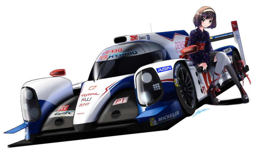 1girl, asymmetrical_footwear, black_eyes, black_footwear, black_hair, black_kimono, blush, boots, bright_pupils, car, japanese_clothes, kimono, le_mans_prototype, looking_at_viewer, michelin, michelin_man, mismatched_footwear, motor_vehicle, obi, original, race_vehicle, racecar, red_ribbon, ribbon, sash, silenxe, sitting, solo, spoiler_(automobile), thigh-highs, toyota, toyota_gazoo_racing, toyota_ts040, vehicle_focus, white_background, white_pupils, white_thighhighs, world_endurance_championship