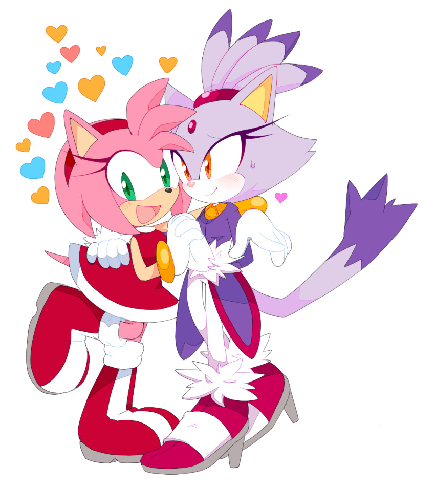 2girls, amy_rose, animal_ears, arm_on_shoulder, blaze_the_cat, blush, cat_ears, cat_girl