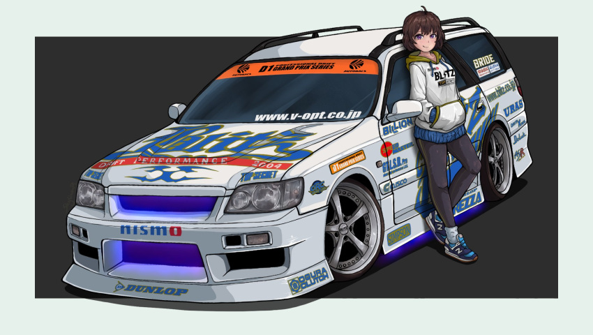 2004, black_pantyhose, blue_footwear, blush, border, breasts, brown_eyes, brown_hair, d1_grand_prix, dunlop, english_commentary, grey_background, grey_border, grey_socks, hands_in_pocket, highres, hood, hood_down, hoodie, looking_at_viewer, medium_breasts, new_balance, nismo, nissan, nissan_stagea, original, pantyhose, shadow, shoes, short_hair, skylinerpl, smile, sneakers, socks, vehicle_focus, web_address, white_hoodie