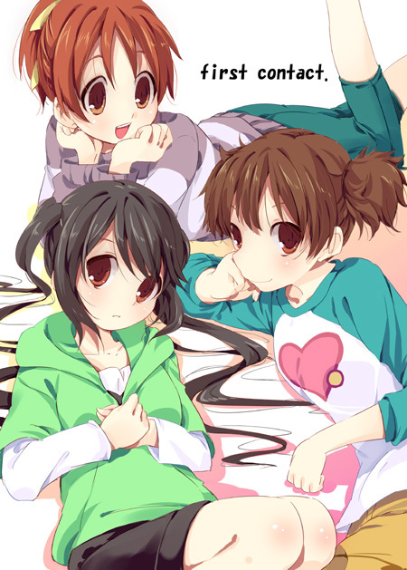 bad_id, black_hair, brown_eyes, brown_hair, casual, hirasawa_ui, hoodie, k-on!, long_hair, multiple_girls, nakano_azusa, ponytail, raglan_sleeves, short_hair, short_twintails, suzuki_jun, takatsuki_tsukasa, twintails