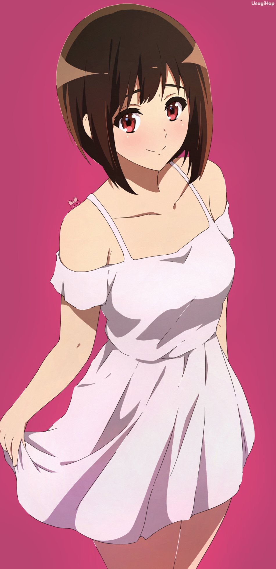1girl, artist_name, bare_shoulders, blush, brown_hair, cowboy_shot, dress, hibike!_euphonium