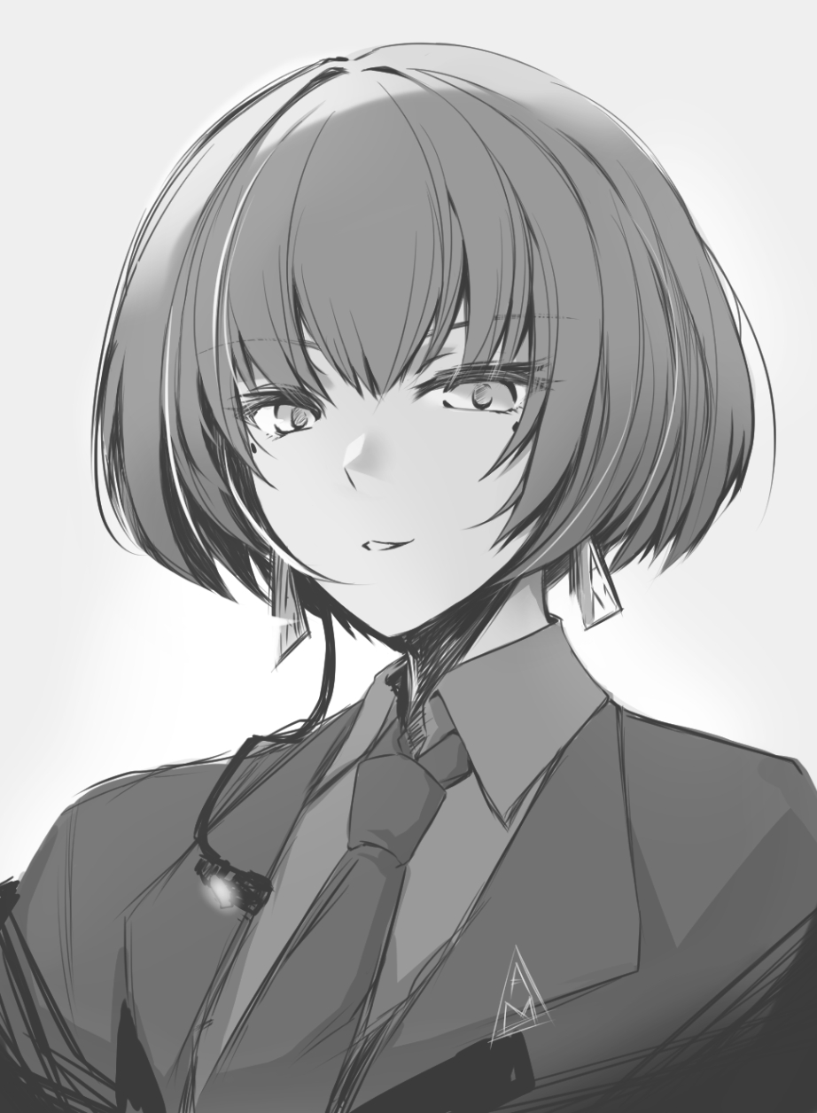 1girl, allmind_(armored_core_6), armored_core, armored_core_6, black_hair, black_necktie, black_suit, earpiece