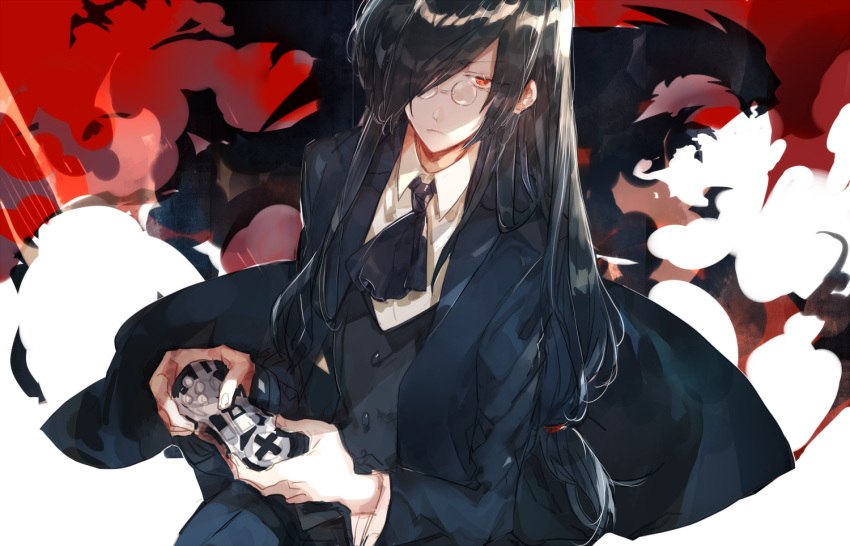 1boy, :<, akimitsu_(penguinquartet), ascot, black_ascot, black_hair, black_jacket, black_pants, black_suit, black_vest, closed_mouth, collared_shirt, controller, cowboy_shot, dragon, fafnir_(maidragon), game_controller, glasses, hair_over_one_eye, holding, holding_controller, holding_game_controller, jacket, jitome, kobayashi-san_chi_no_maidragon, long_hair, looking_at_viewer, low-tied_long_hair, male_focus, open_clothes, open_jacket, pants, pince-nez, red_eyes, shirt, sitting, smoke, solo, suit, vest, white_shirt