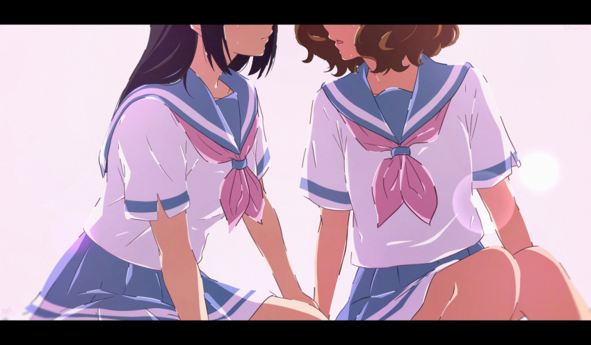 2girls, artist_name, black_hair, blue_sailor_collar, blue_skirt, brown_hair, hibike!_euphonium, highres