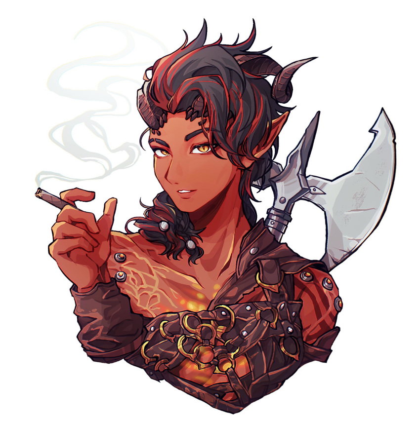 1girl, axe, baldur's_gate, baldur's_gate_3, black_hair, broken_horn, chest_harness, chinese_commentary, cigar, collarbone, colored_skin, commentary_request, cropped_torso, curled_horns, demon_girl, demon_horns, dungeons_and_dragons, hair_ornament, hand_up, harness, highres, holding, holding_cigar, horns, karlach_(baldur's_gate), looking_at_viewer, medium_hair, multicolored_hair, pointy_ears, red_skin, redhead, slit_pupils, smoke, solo, streaked_hair, swept_bangs, tiefling, two-tone_hair, upper_body, weapon, weapon_on_back, yellow_eyes, yiyan