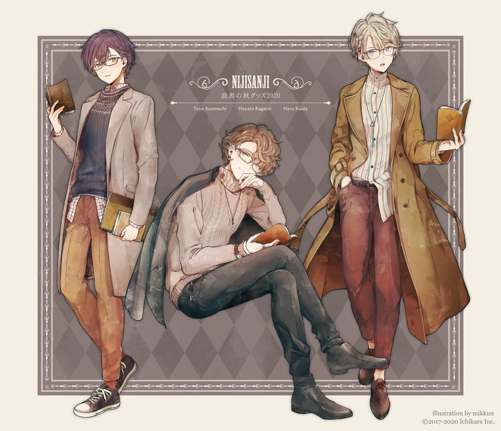 3boys, :o, :|, argyle, argyle_background, barbell_piercing, belt, belt_buckle