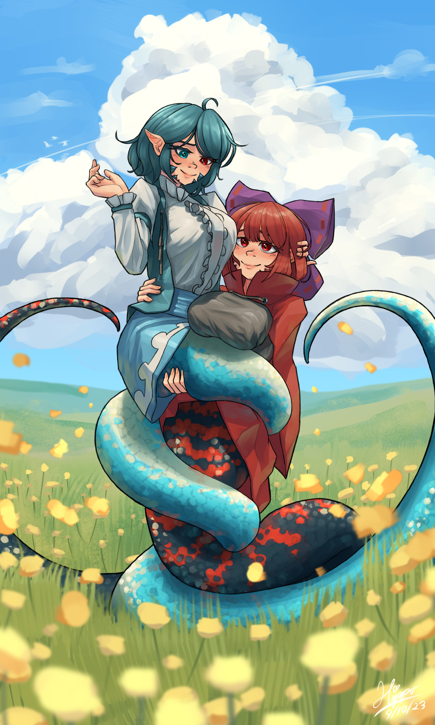2girls, absurdres, blue_hair, blue_sky, bow, breasts, carrying, center_frills