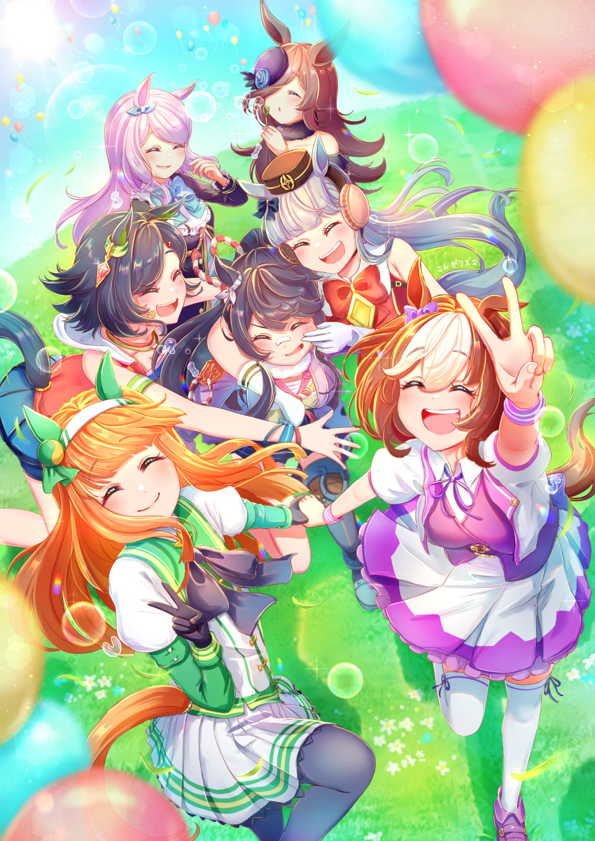 6+girls, absurdres, animal_ears, arm_around_neck, balloon, bandaid, bandaid_on_face, bandaid_on_nose
