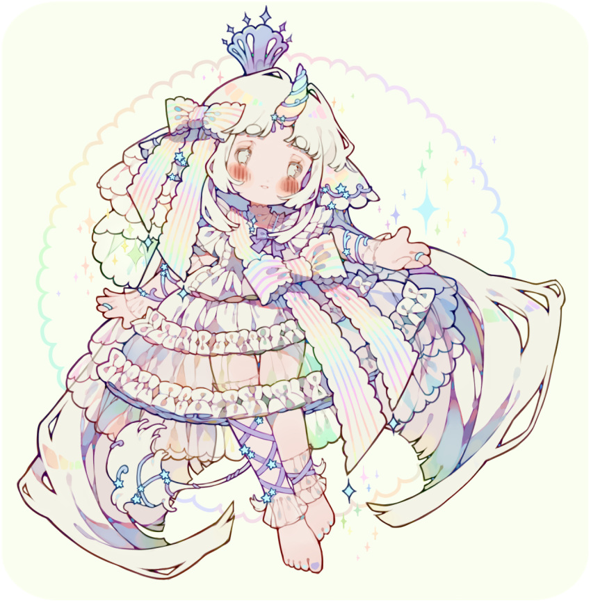 1girl, absurdly_long_hair, arm_ribbon, barefoot, blue_nails, blue_ribbon, blunt_bangs, blunt_ends, blush, blush_stickers, bow, bowtie, center_frills, chibi, collar, collared_dress, commission, crown, dress, english_commentary, eyelashes, frilled_collar, frilled_pantyhose, frilled_sleeves, frills, hair_bow, hat_ornament, highres, horns, jewelry, layered_dress, layered_sleeves, leg_ribbon, light_smile, littlebluemuffin, long_hair, long_sleeves, looking_at_viewer, medium_dress, mini_crown, nail_polish, open_mouth, original, outstretched_arm, parted_bangs, purple_bow, purple_bowtie, purple_headwear, purple_nails, purple_ribbon, rainbow_horns, ribbon, ring, sash, see-through, see-through_dress_layer, see-through_legwear, see-through_sleeves, short_over_long_sleeves, short_sleeves, sidelocks, single_horn, sparkle, star_(symbol), star_hat_ornament, striped, striped_bow, toenail_polish, toenails, two-tone_ribbon, very_long_hair, waist_bow, white_background, white_bow, white_dress, white_eyes, white_hair, white_sash, white_veil