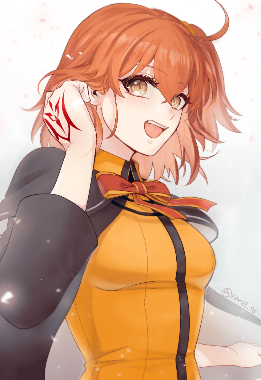 1girl, ahoge, atlas_academy_school_uniform, bantian96, black_jacket, blush, bow, brown_eyes, command_spell, eyelashes, fate/grand_order, fate_(series), fujimaru_ritsuka_(female), fujimaru_ritsuka_(female)_(mage's_association_uniform), hair_between_eyes, highres, jacket, official_alternate_costume, one_side_up, open_mouth, orange_hair, red_bow, school_uniform, solo, teeth, twitter_username, upper_teeth_only, white_background