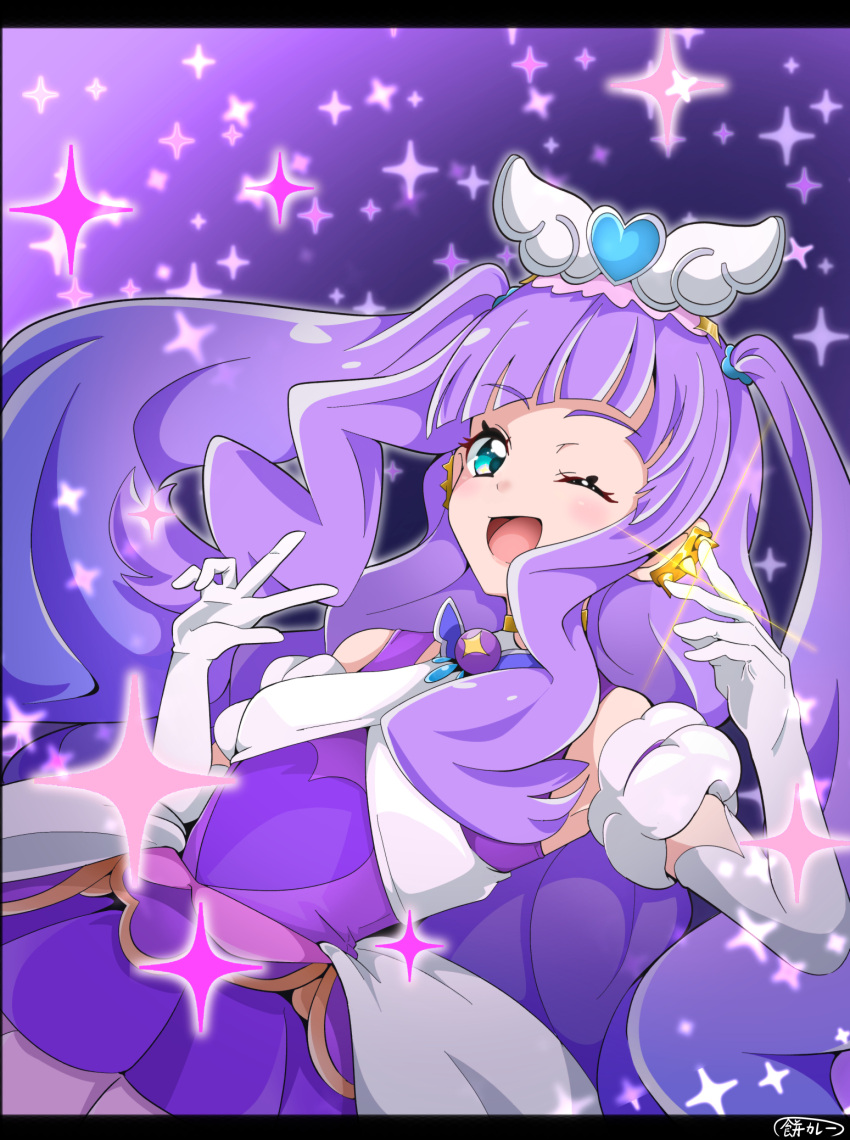 1girl, ;d, artist_name, blue_eyes, brooch, commentary, cure_majesty, detached_sleeves