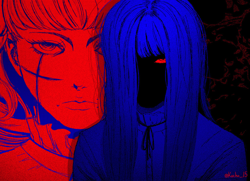 2girls, buttons, curly_hair, face_in_shadow, fear_&amp;_hunger, fear_&amp;_hunger_2:_termina, frilled_shirt_collar, frills