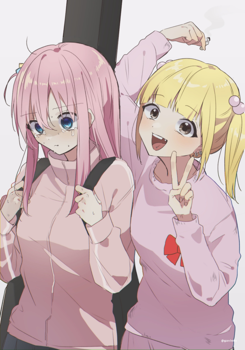 2girls, :t, @_@, absurdres, arm_up, blue_eyes, blunt_bangs, bocchi_the_rock!