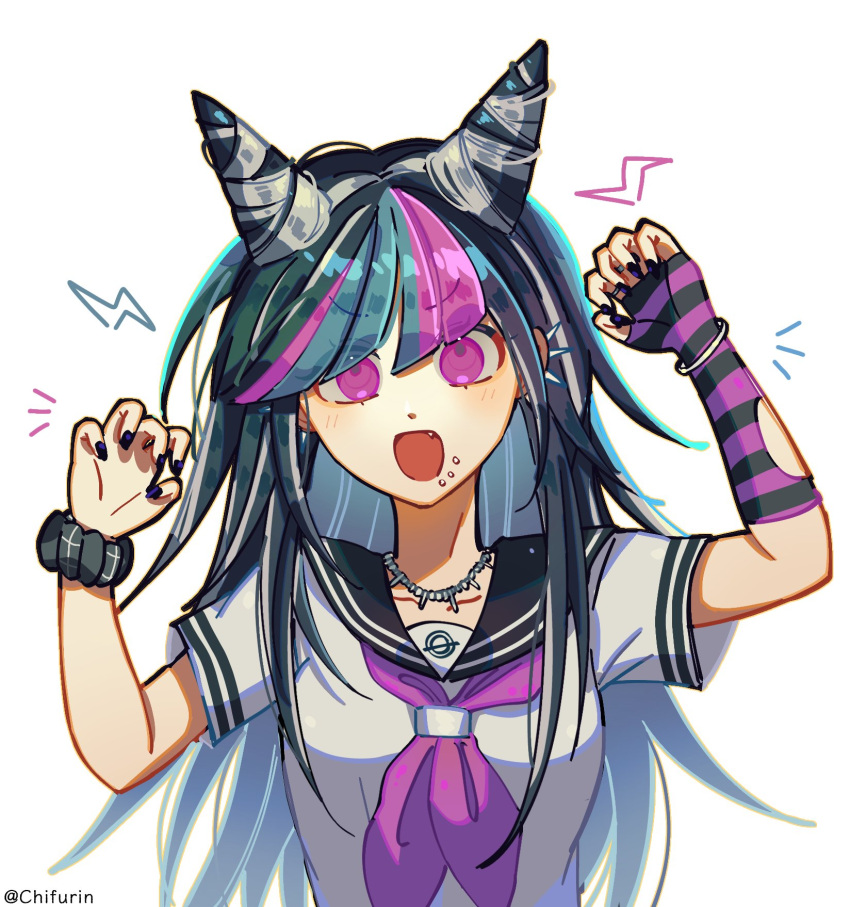 1girl, :d, artist_name, black_hair, black_sailor_collar, black_shirt, bracelet, breasts