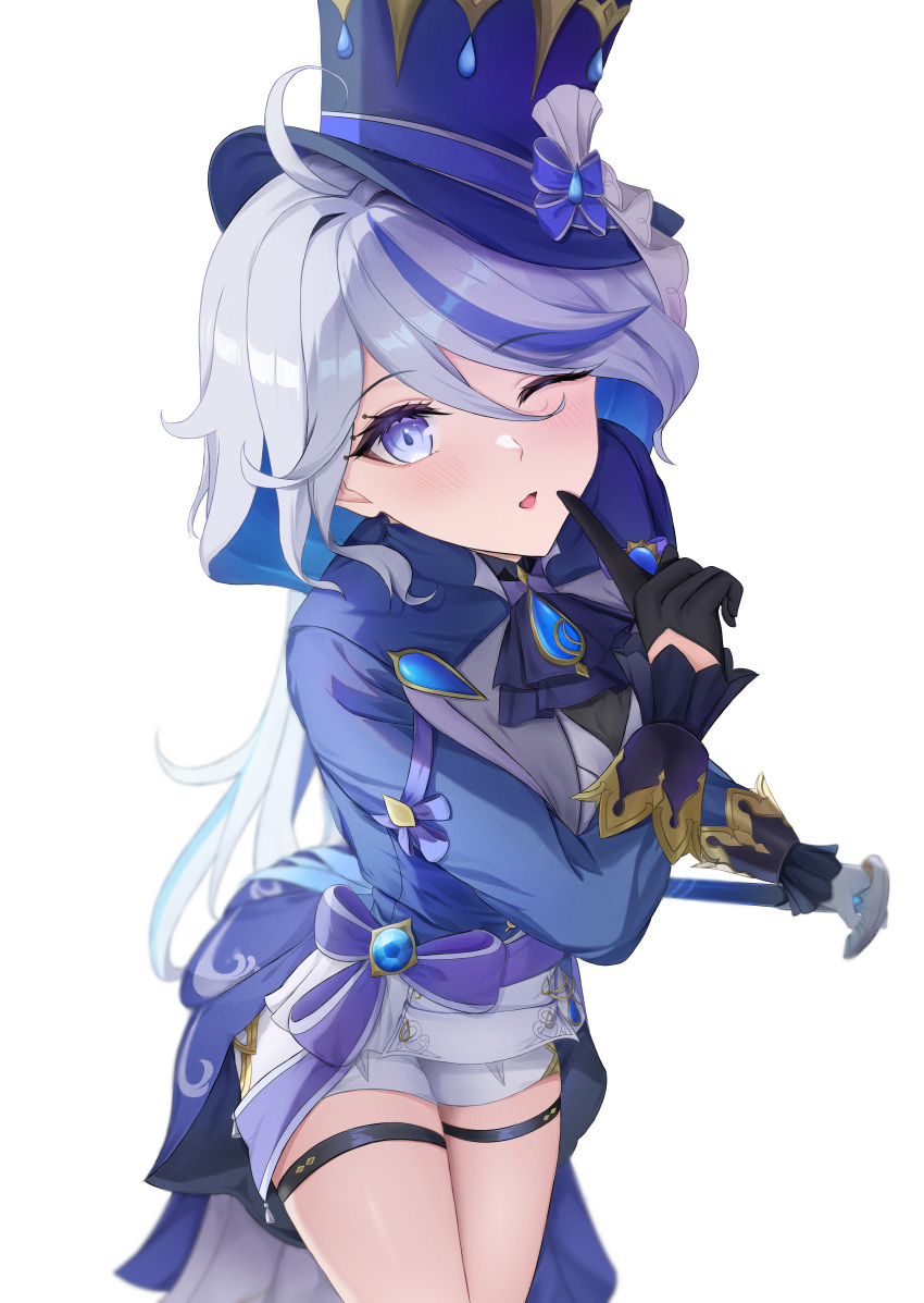 1girl, absurdres, ahoge, asymmetrical_gloves, black_gloves, blue_eyes, blue_headwear, blue_jacket, cowboy_shot, furina_(genshin_impact), genshin_impact, gloves, grey_hair, hat, highres, holding, index_finger_raised, jacket, long_hair, long_sleeves, looking_at_viewer, lunixx, mismatched_gloves, one_eye_closed, parted_lips, shorts, solo, thigh_strap, thighs, top_hat, white_gloves, white_shorts