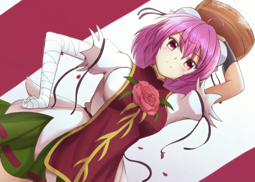 1girl, ahoge, arm_up, bandaged_arm, bandages, baozi, breasts, closed_mouth