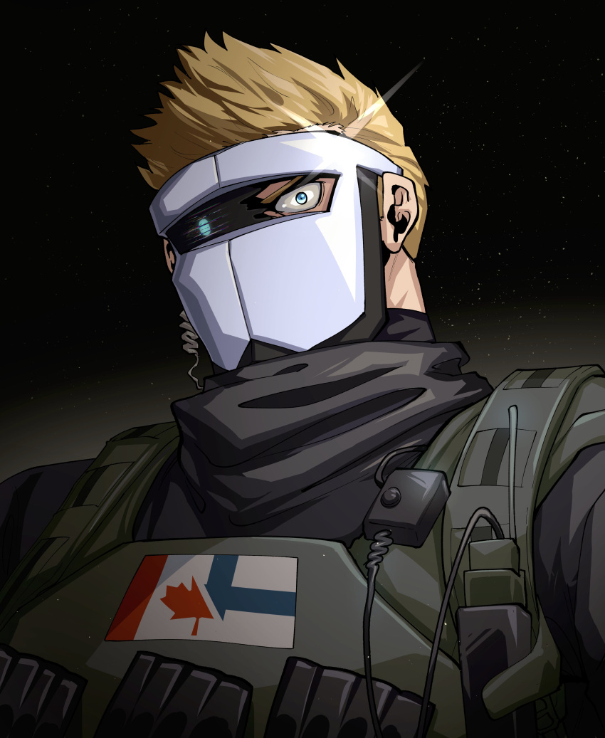 1boy, absurdres, artificial_eye, blonde_hair, broken_mask, bulletproof_vest, canadian_flag, flag_request