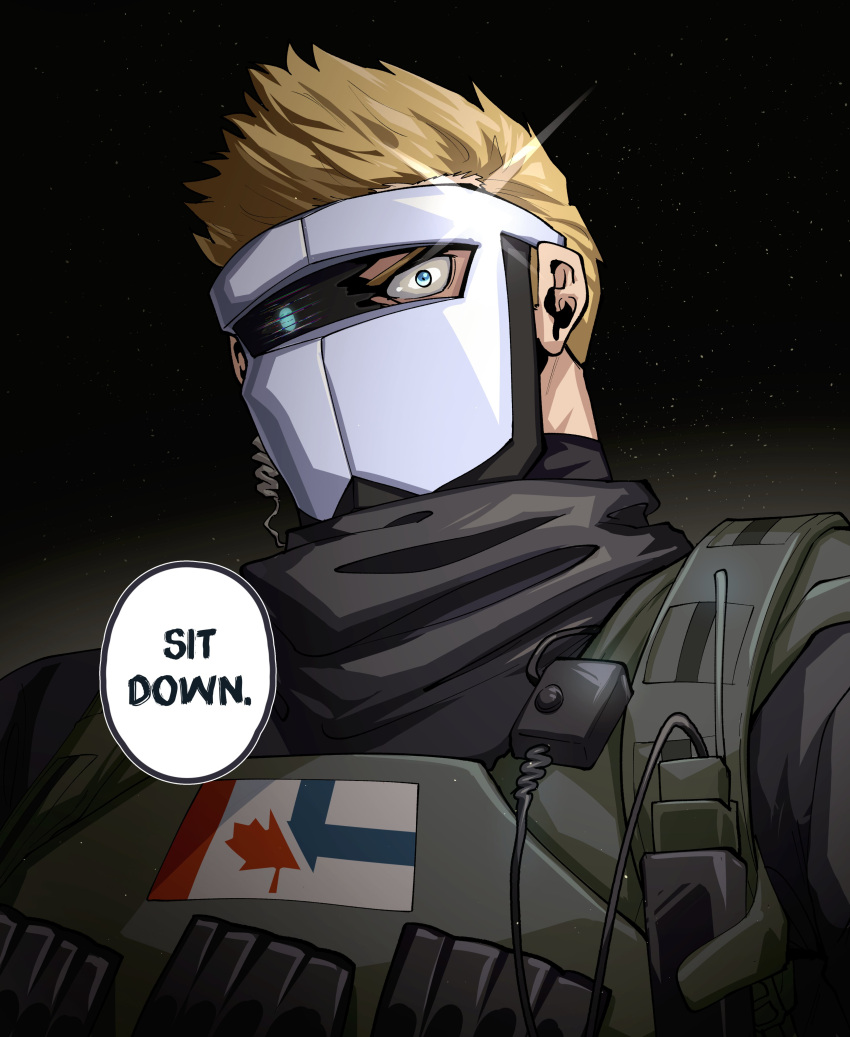1boy, absurdres, artificial_eye, blonde_hair, broken_mask, bulletproof_vest, canadian_flag, english_text