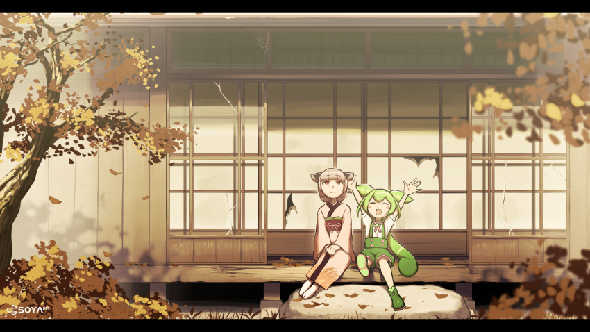 2girls, ^_^, abandoned, aged_up, architecture, arms_up, artist_logo, autumn