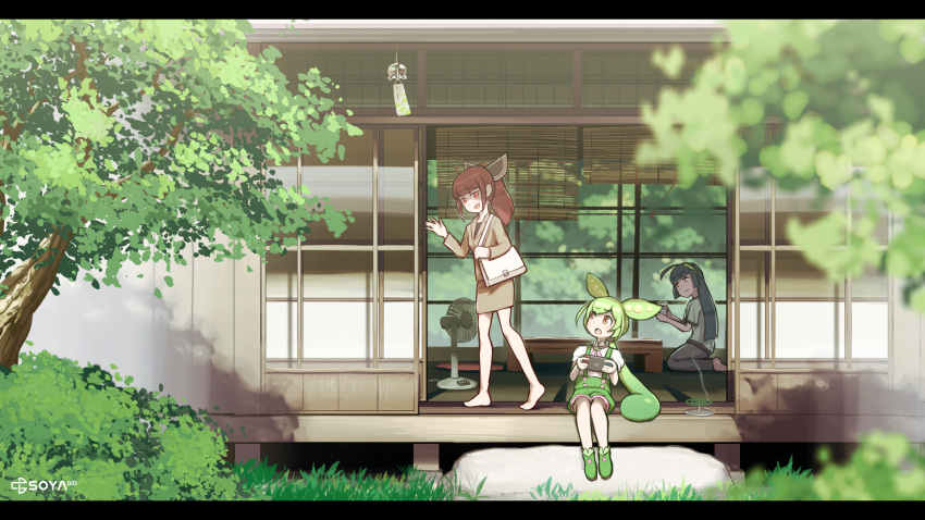 3girls, aged_up, ahoge, alternate_costume, architecture, artist_logo, bag, bamboo_screen