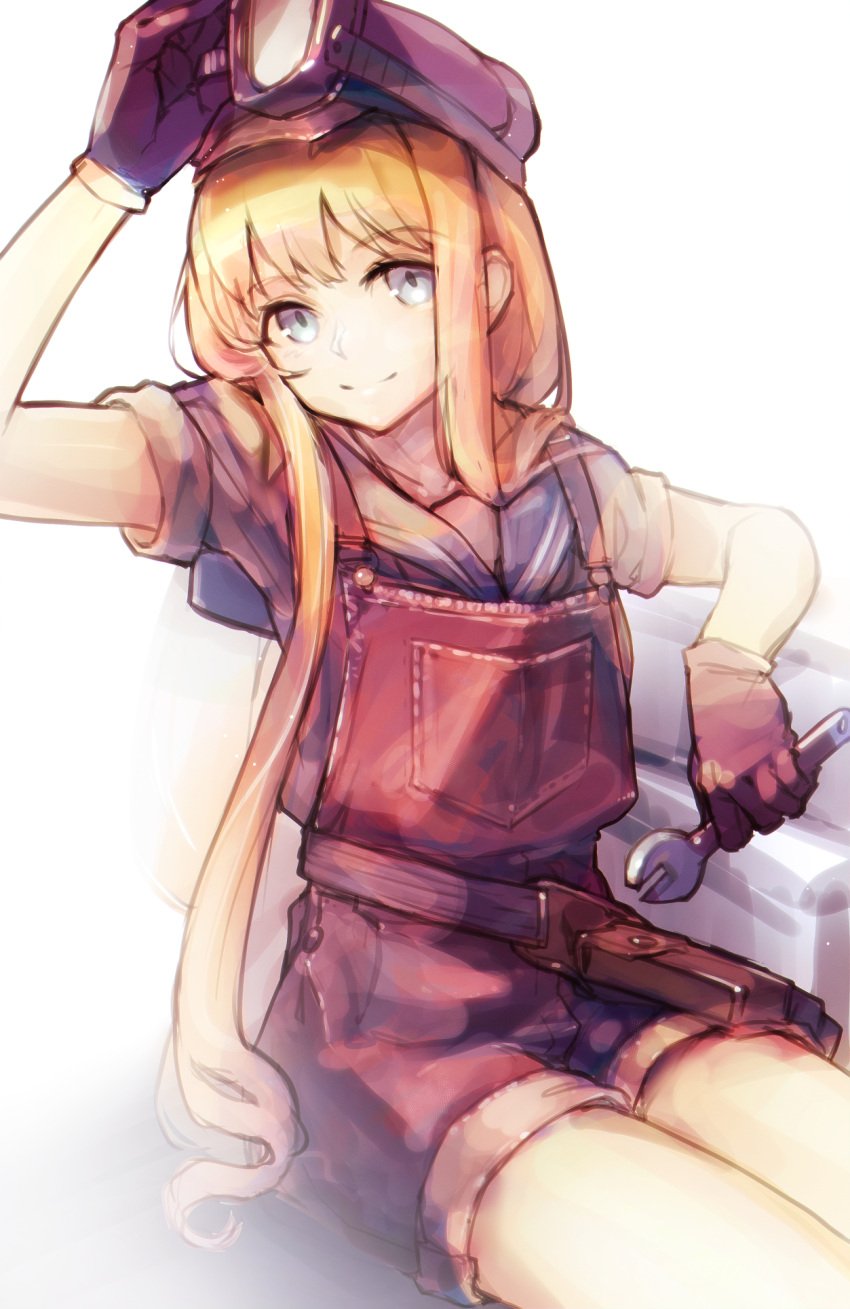 1girl, apron, belt_pouch, black_gloves, blonde_hair, blurry, blurry_background, eiyuu_densetsu, gloves, goggles, goggles_on_headwear, grey_eyes, hair_between_eyes, hat, highres, holding, holding_wrench, long_hair, looking_at_viewer, madou_zakura, pouch, sidelocks, sitting, sleeves_rolled_up, smile, solo, sora_no_kiseki, tita_russell, wrench