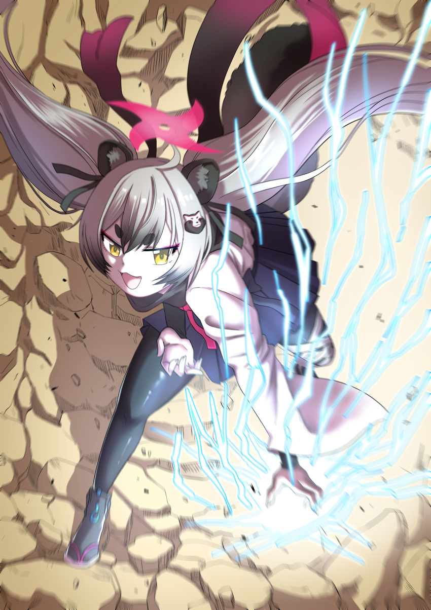 1girl, :d, absurdres, animal_ear_fluff, animal_ears, asymmetrical_legwear, bent_over, blue_archive