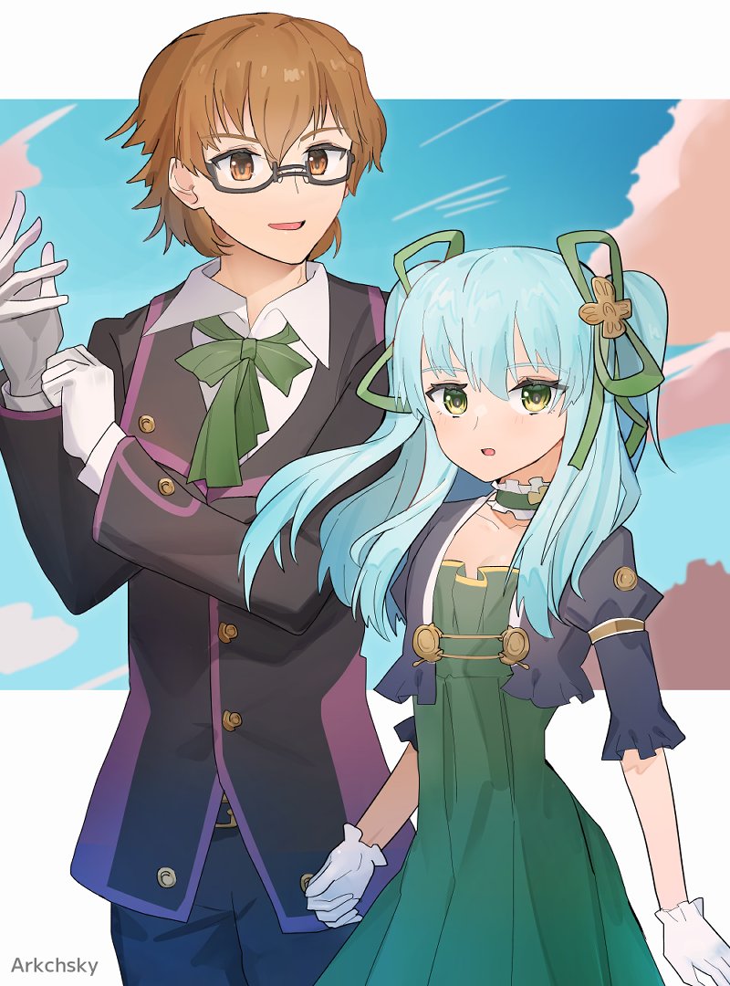 1boy, 1girl, ao_no_kiseki, arkchsky, blue_sky, bow, brown_eyes, brown_hair, clouds, double-parted_bangs, dress, eiyuu_densetsu, gloves, green_eyes, hair_between_eyes, hair_bow, lloyd_bannings, looking_at_viewer, open_mouth, puffy_short_sleeves, puffy_sleeves, short_sleeves, sidelocks, sky, smile, suit, tio_plato, twintails, white_gloves, zero_no_kiseki