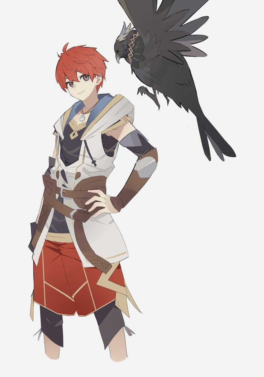 1boy, adol_christin, ahoge, animal, bird, black_tea_63, brown_eyes, crow