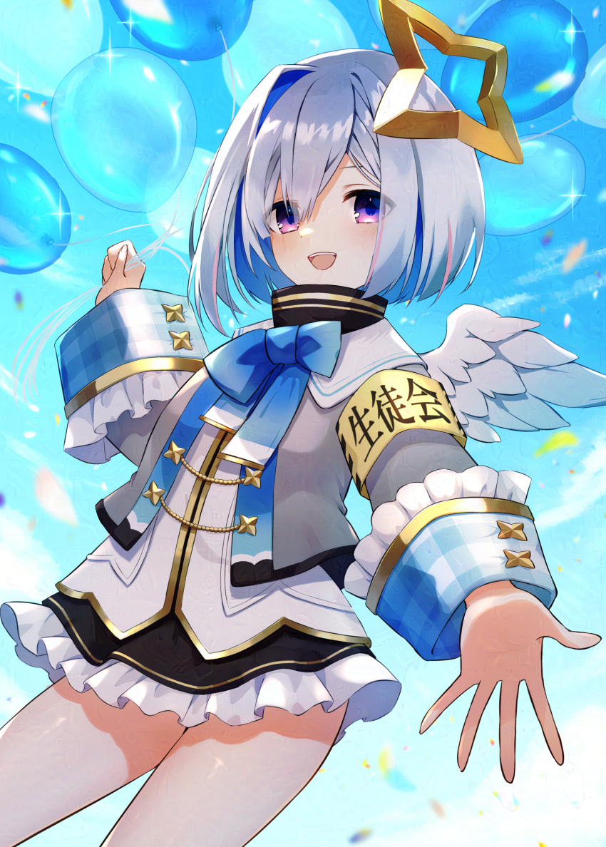 1girl, aiguillette, amane_kanata, amane_kanata_(1st_costume), armband, balloon, black_dress, blue_bow