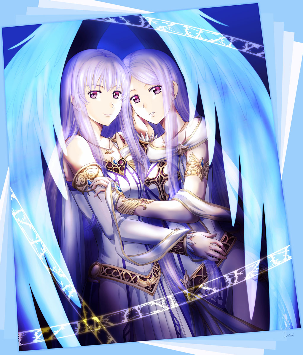 2girls, ancient_ys_vanished, angel_wings, blue_hair, bob_cut, breasts, detached_sleeves, dress