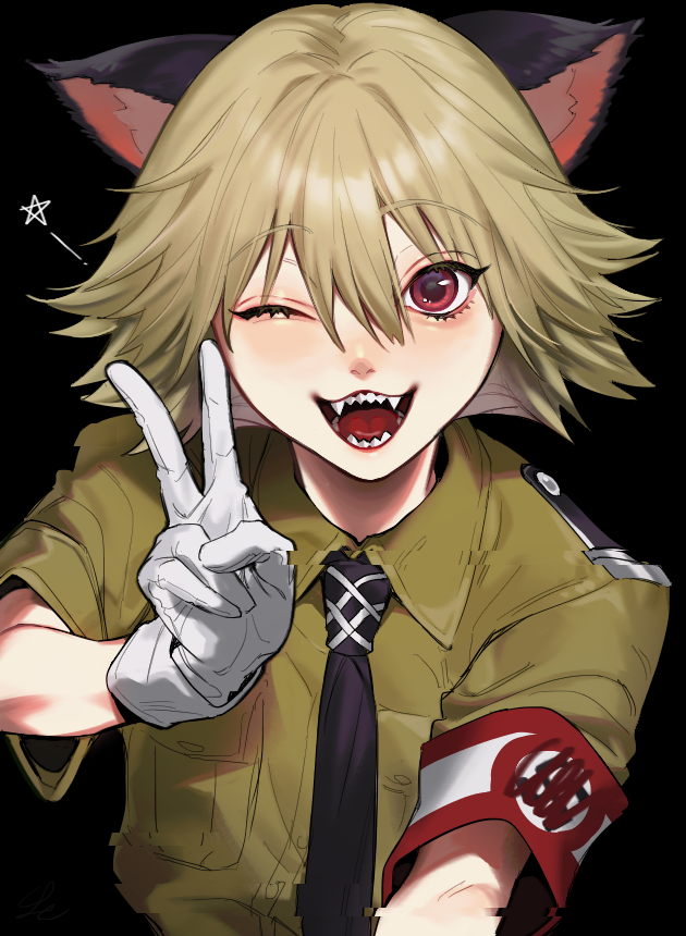 1girl, animal_ears, black_necktie, blonde_hair, brown_shirt, cat_ears, collared_shirt, gloves, hellsing, looking_at_viewer, necktie, nirames9, one_eye_closed, open_mouth, red_eyes, scribble_censor, sharp_teeth, shirt, short_hair, short_sleeves, solo, teeth, upper_body, v, white_gloves