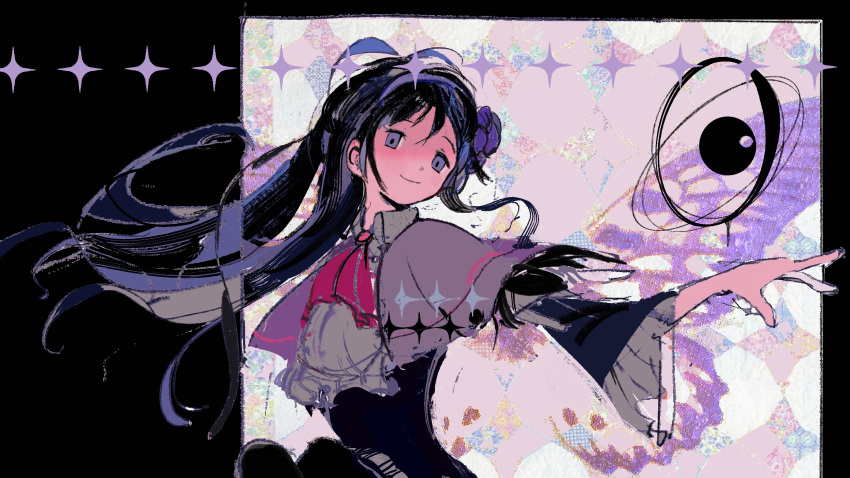 1girl, akemi_homura, ascot, bigskycastle, black_dress, black_hair, capelet, closed_mouth