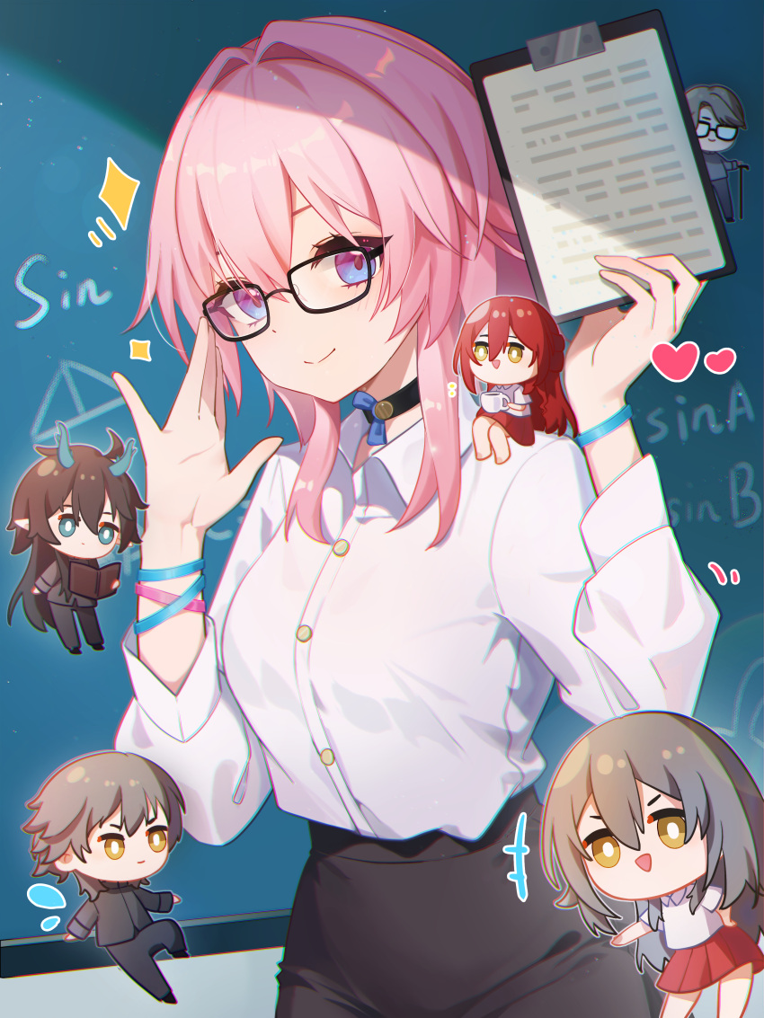3boys, 3girls, absurdres, adjusting_eyewear, alternate_costume, black_choker, black_skirt, blue_eyes
