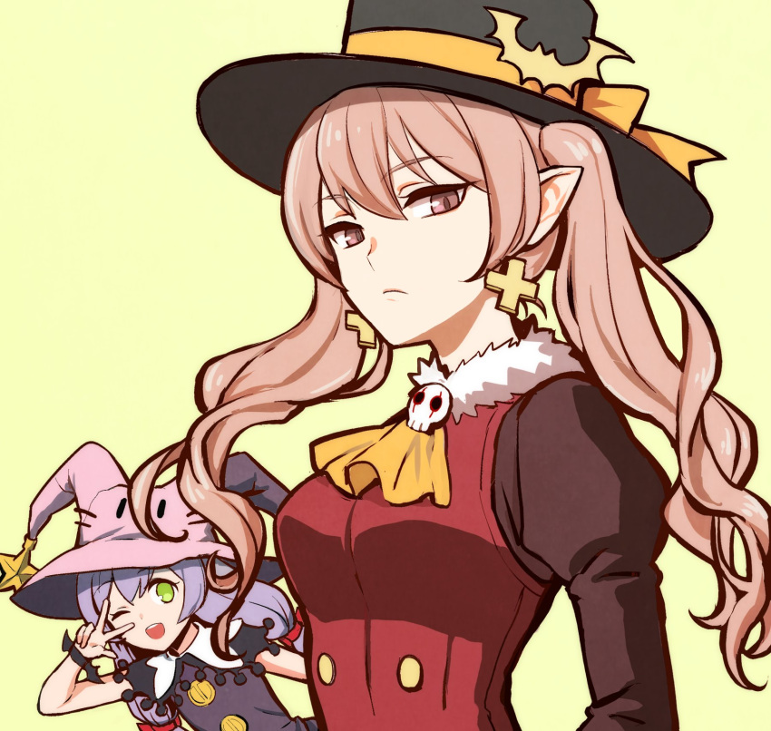 2girls, animal_hat, ascot, bat_hair_ornament, black_headwear, brown_eyes, brown_hair, brown_shirt
