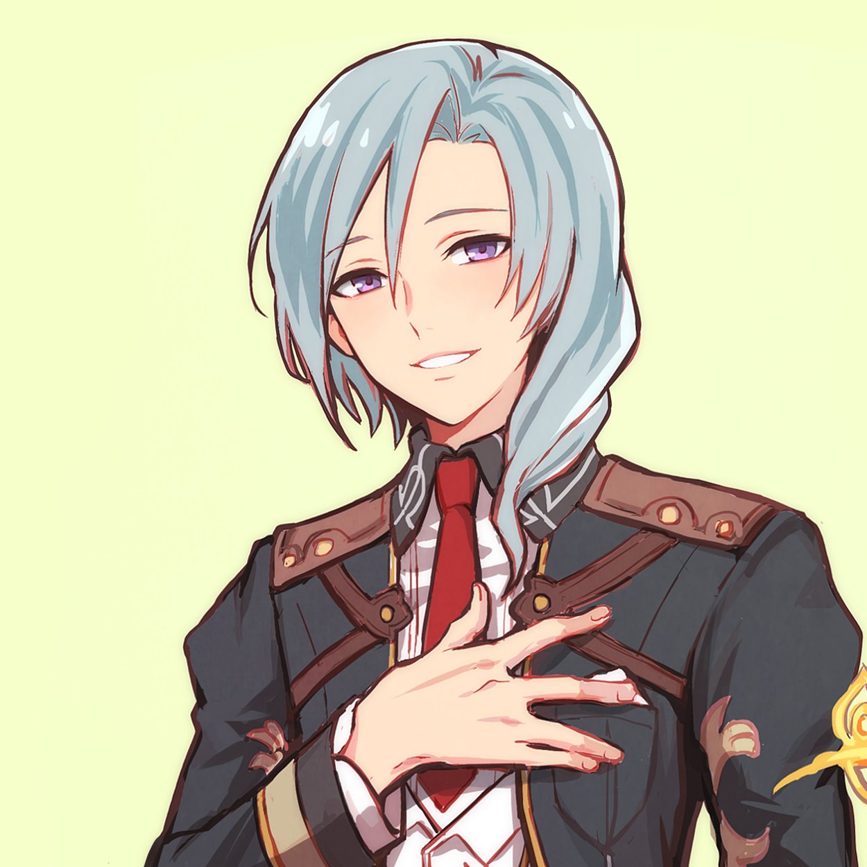 1boy, bishnal_(rune_factory), black_collar, black_jacket, blue_hair, collar, collared_shirt, commentary_request