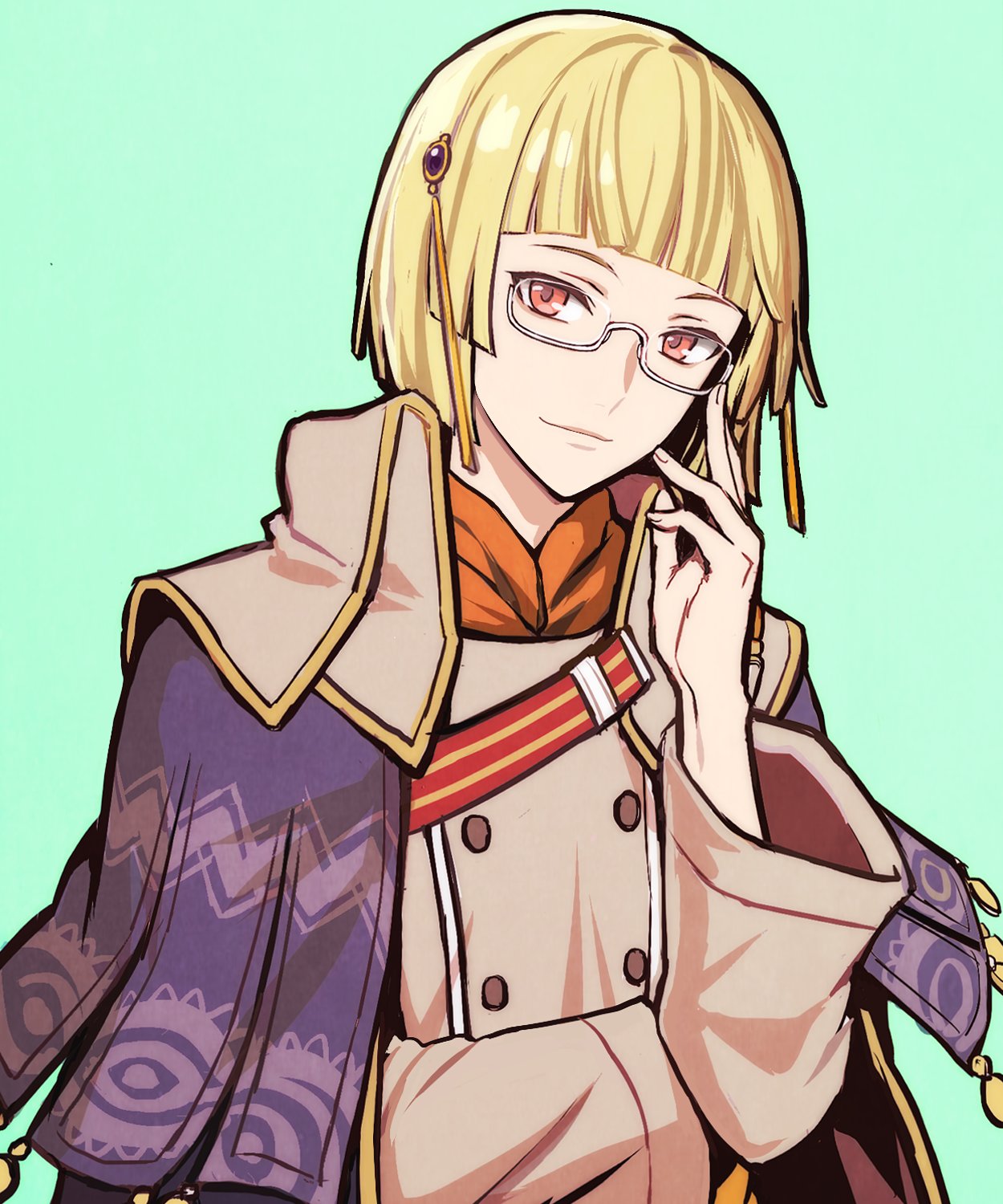 1boy, adjusting_eyewear, arthur_(rune_factory), blonde_hair, blunt_bangs, capelet, closed_mouth, coat