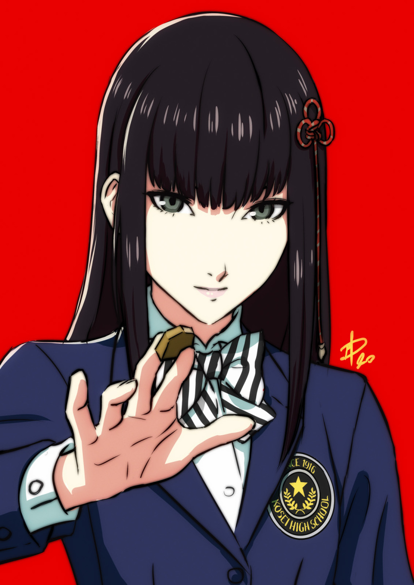 1girl, black_eyes, black_hair, blue_jacket, bow, bowtie, collared_shirt, green_eyes, hair_ornament, highres, jacket, long_hair, looking_at_viewer, persona, persona_5, polarityplus, portrait, red_background, school_uniform, shirt, simple_background, solo, tougou_hifumi, white_shirt