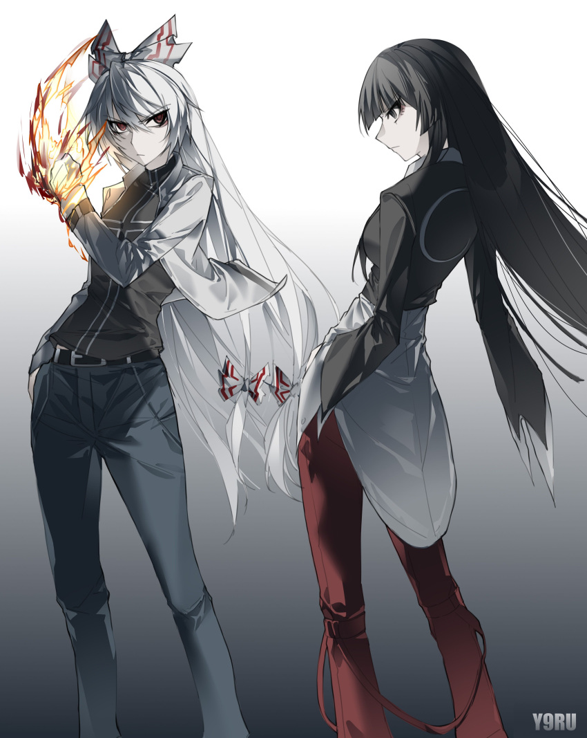 2girls, absurdres, alternate_costume, belt, black_hair, bow, cosplay, denim