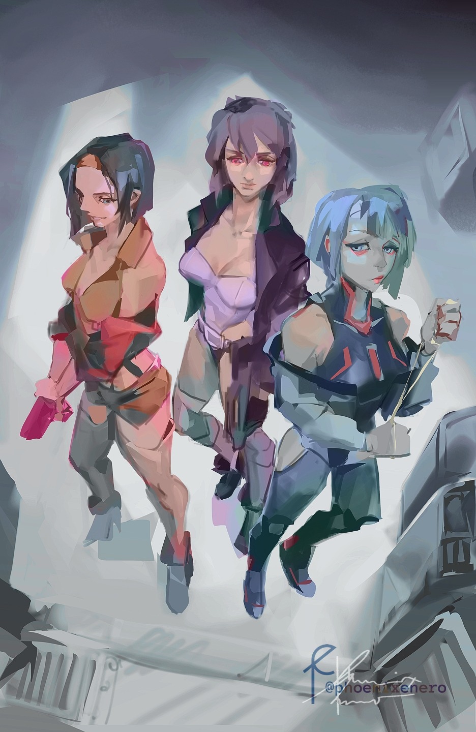 3girls, blue_eyes, breasts, cowboy_bebop, crossover, cyberpunk_(series), cyberpunk_edgerunners, faye_valentine, ghost_in_the_shell, gun, hairband, highres, holding, holding_gun, holding_weapon, kusanagi_motoko, lucy_(cyberpunk), multiple_girls, phoenixenero, purple_hair, red_eyes, standing, weapon, yellow_hairband