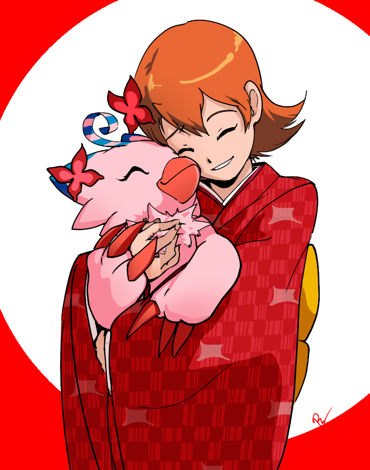 1girl, 1other, beak, bird, circle, closed_eyes, digimon, flower, happy, hug, japanese_clothes, kimono, orange_hair, piyomon, rayanawolfer, red_kimono, short_hair, signature, simple_background, smile, takenouchi_sora