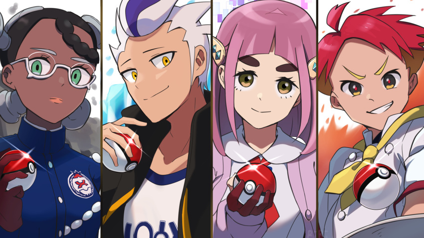 2boys, 2girls, absurdres, ahoge, amarys_(pokemon), arched_bangs, asakura_riri, black_hair, blue_jacket, brown_eyes, buttons, cardigan, closed_mouth, commentary_request, crispin_(pokemon), dark-skinned_female, dark_skin, drayton_(pokemon), eyelashes, glasses, glint, gloves, green_eyes, grin, hair_ornament, hairclip, highres, holding, holding_poke_ball, jacket, lacey_(pokemon), long_sleeves, looking_at_viewer, multiple_boys, multiple_girls, poke_ball, poke_ball_(basic), pokemon, pokemon_(game), pokemon_sv, redhead, semi-rimless_eyewear, shirt, short_sleeves, smile, split_mouth, teeth, white_shirt, yellow_eyes