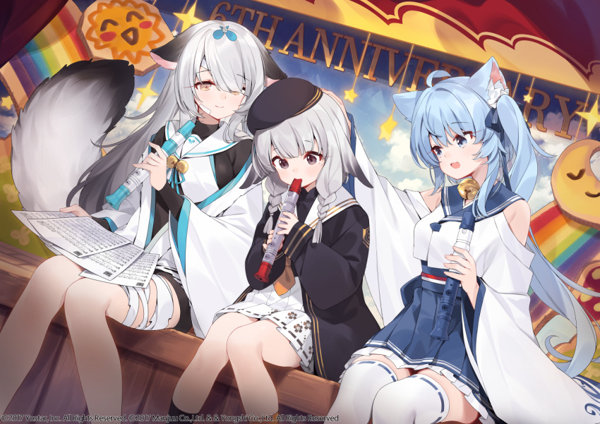 3girls, ahoge, animal_ear_fluff, asashio_(azur_lane), azur_lane, bandaged_leg, bandages, black_eyes