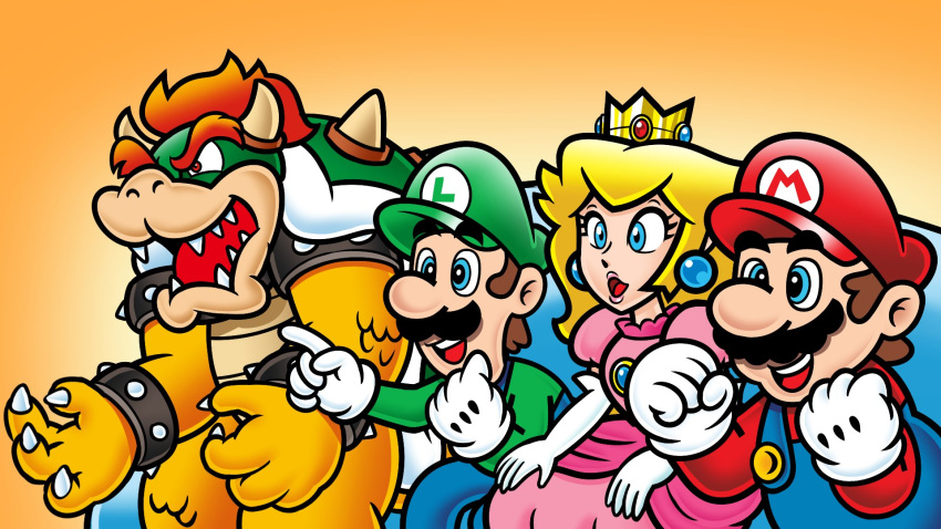 1girl, 3boys, armlet, blonde_hair, blue_eyes, blue_overalls, bowser, bracelet