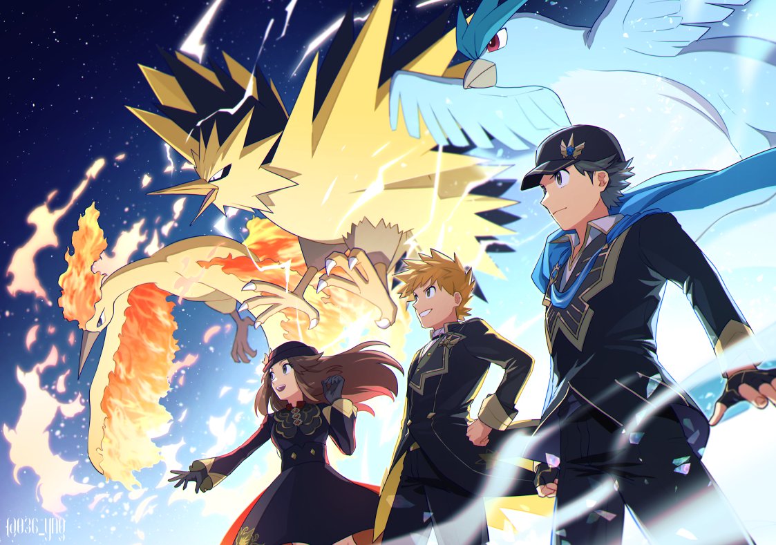 1girl, 2boys, articuno, black_dress, black_headwear, black_jacket, blue_oak, blue_oak_(champion), blue_scarf, brown_hair, closed_mouth, collared_shirt, commentary, dress, fingerless_gloves, floating_hair, floating_scarf, gloves, grin, hand_on_own_hip, hat, jacket, leaf_(champion)_(pokemon), leaf_(pokemon), long_hair, long_sleeves, multiple_boys, night, official_alternate_costume, outdoors, pokemon, pokemon_(creature), pokemon_(game), pokemon_masters_ex, red_(champion)_(pokemon), red_(pokemon), scarf, shirt, sky, smile, symbol-only_commentary, teeth, y_(036_yng), zapdos