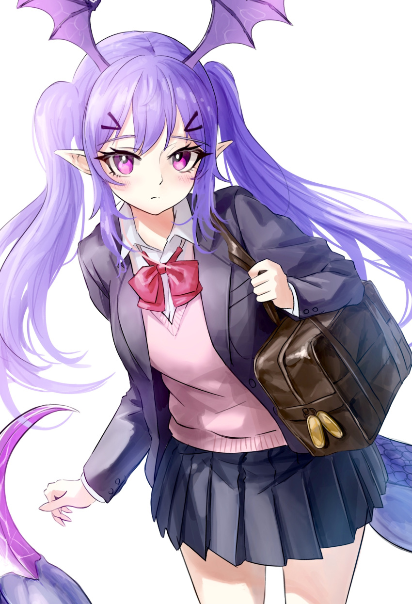 1girl, absurdres, alternate_costume, arknights, arthropod_girl, bag, black_jacket, black_skirt, blush, bow, bowtie, brown_bag, collared_shirt, cowboy_shot, garvini, hair_ornament, hairclip, head_wings, highres, jacket, layered_sleeves, long_hair, long_sleeves, looking_at_viewer, manticore_(arknights), open_clothes, open_jacket, pink_vest, pleated_skirt, pointy_ears, purple_hair, red_bow, red_bowtie, school_uniform, scorpion_girl, scorpion_tail, shirt, shoulder_bag, simple_background, skirt, solo, tail, twintails, vest, violet_eyes, white_background, white_shirt, wings