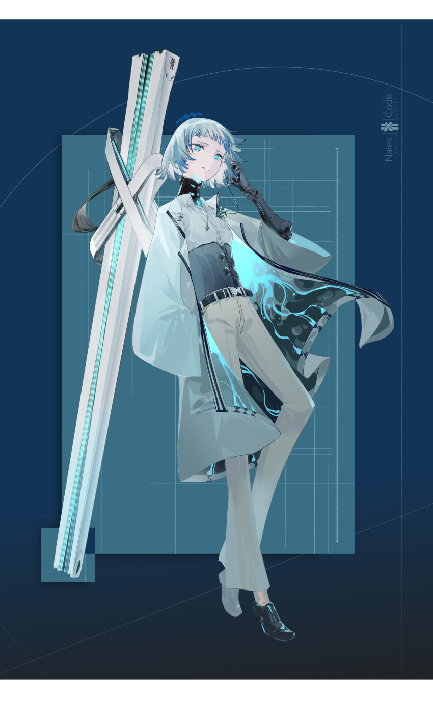 1girl, absurdres, android, belt, black_footwear, blue_eyes, blue_hair, blueprint_background