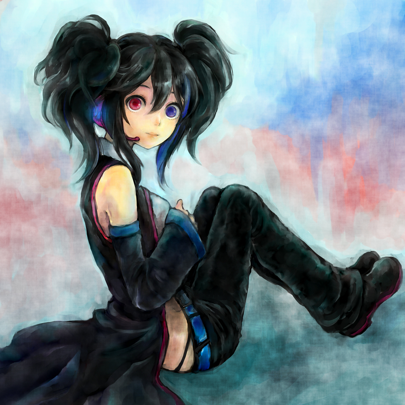 blue_eyes, detached_sleeves, headphones, headset, heterochromia, kedama_black, long_hair, red_eyes, sitting, twintails, utau, yokune_ruko