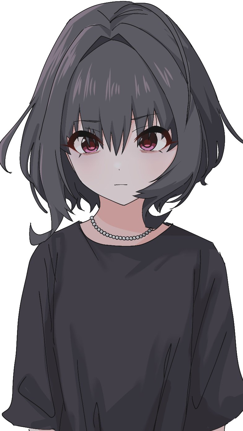1girl, ahoge, alternate_hair_color, bags_under_eyes, black_hair, black_shirt, dot_nose, expressionless